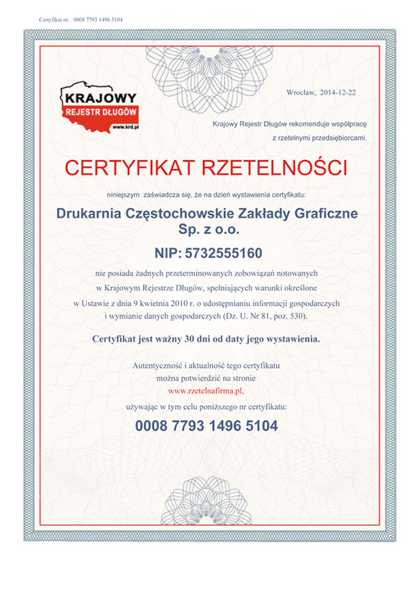Certyfikat Rzetelności